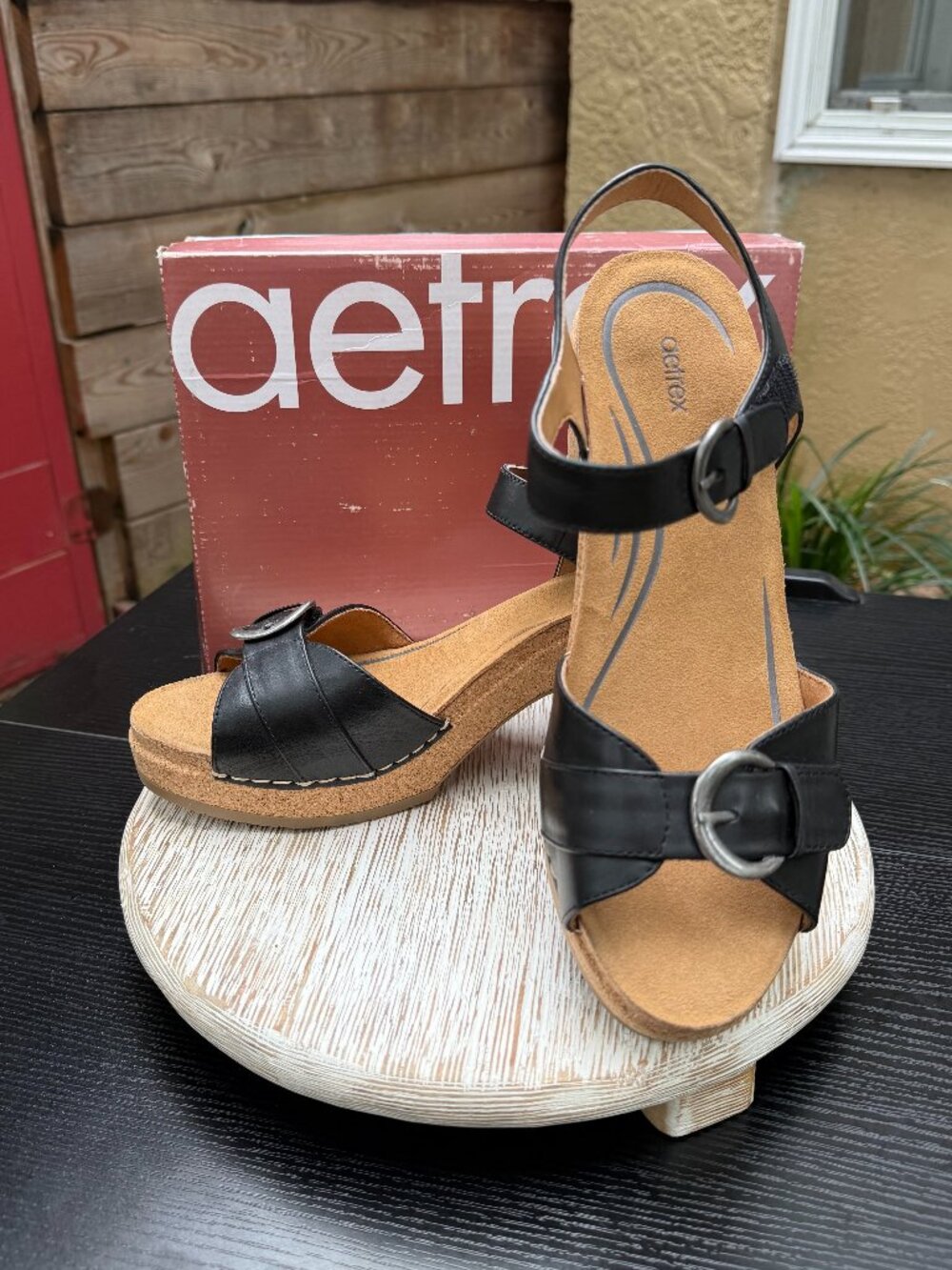 AETREX Tory Sandal Women's 10 Leather Open Toe Cork Heel Summer Beach Resort New